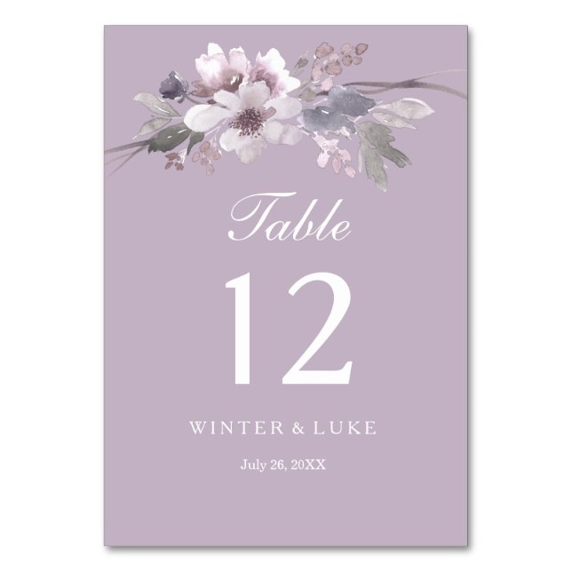 Moderne Lila Blumenwatercolor Hochzeitskarte Tischnummer (Vorderseite)