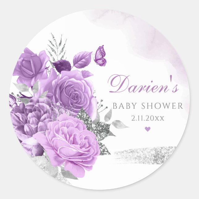 Moderne Lila Blütenfarbe Girl Babydusche Runder Aufkleber (Vorderseite)
