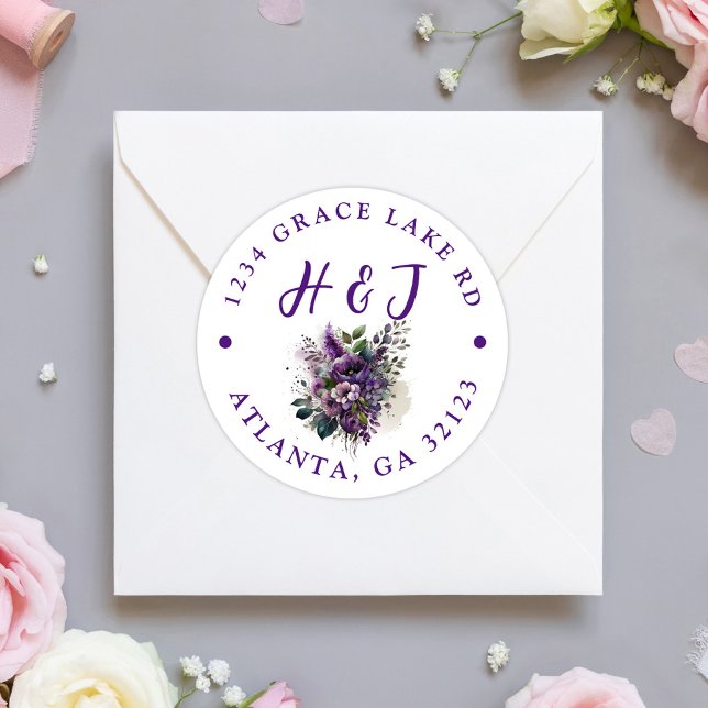 Moderne Lila Boho Hochzeitsszene Rücksendeadresse Runder Aufkleber (Modern Purple Floral Boho Wedding Return Address Classic Round Sticker)