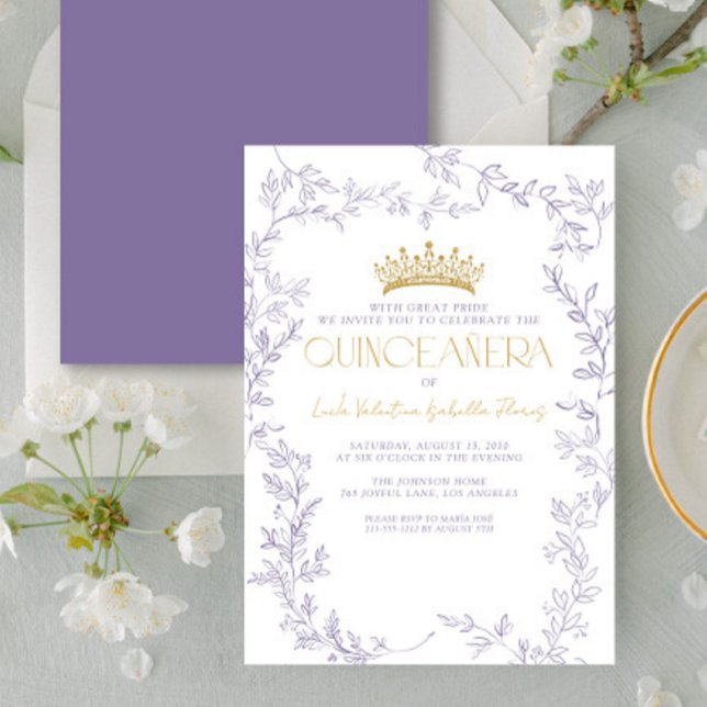 Moderne Lila botanische Quinceñera aus Gold Einladung (Von Creator hochgeladen)