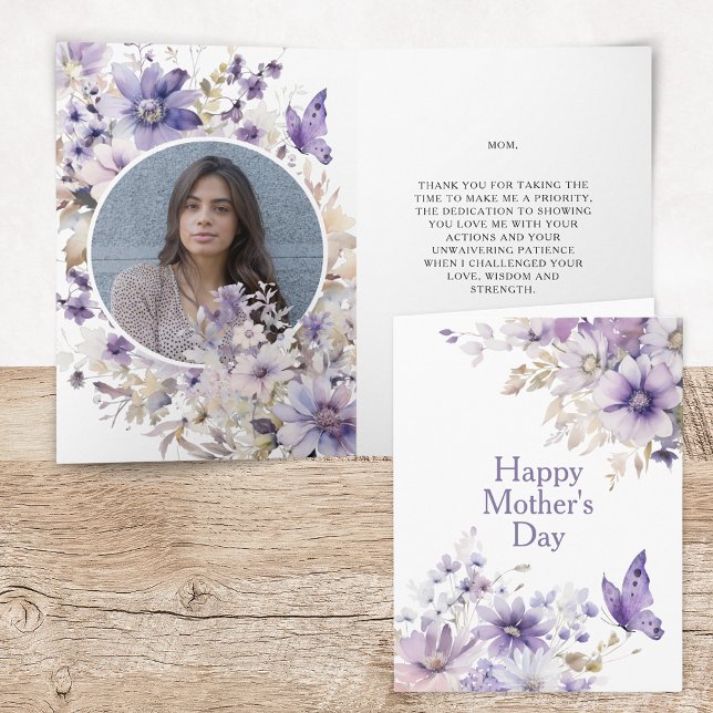 Moderne Lila florale Foto Happy Mother Day Card Karte (Elegant Modern Floral Watercolor Happy Mother's Day Card with Photo and Personalized Message)