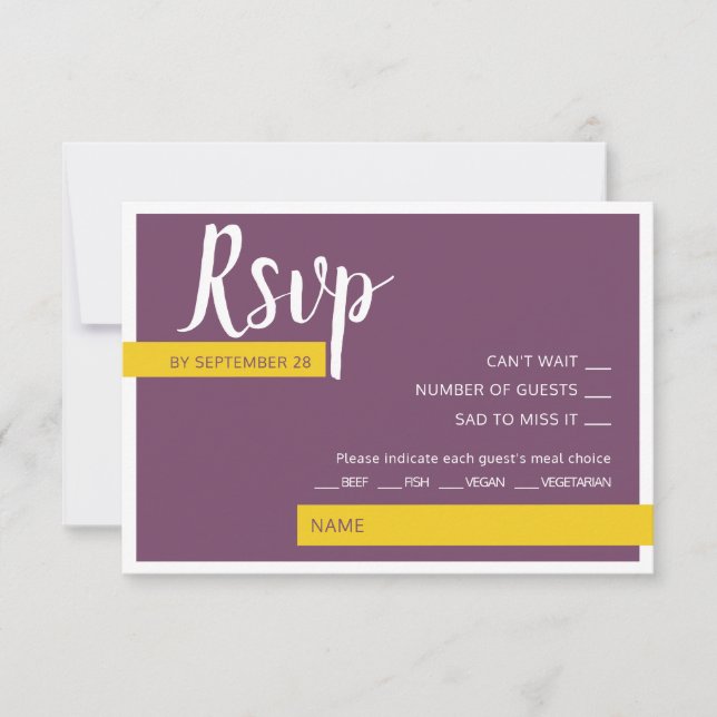 Moderne lila-gelbe Hochzeit minimal RSVP Karte (Vorderseite)