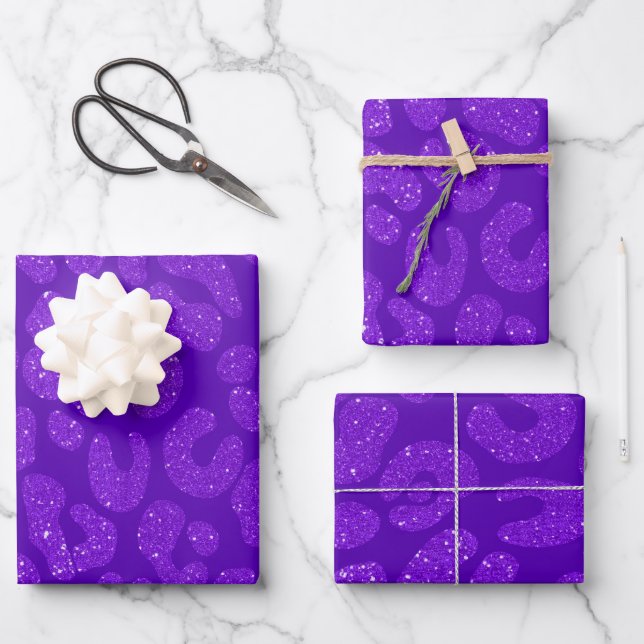 moderne lila Glitter-Leopard Geschenkpapier Set (Vorderseite)