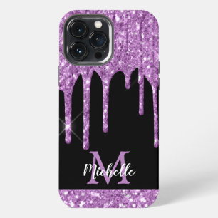 Moderne lila Glitter-Tropfen-Monogramm iPhone 13 Pro Max Hülle