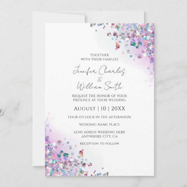 Moderne Lila Glitzer Glitzern White Einladung (Vorderseite)