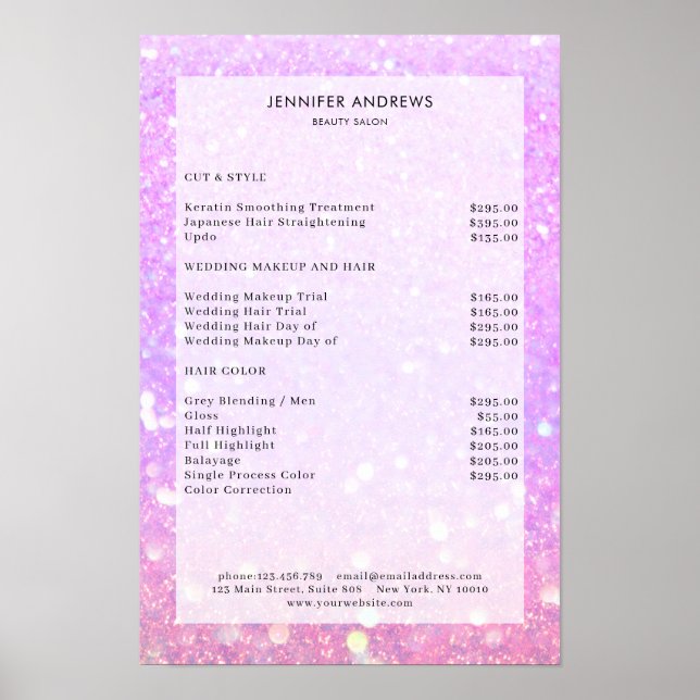 Moderne, lila Glitzer Salon Preisliste Poster (Vorne)