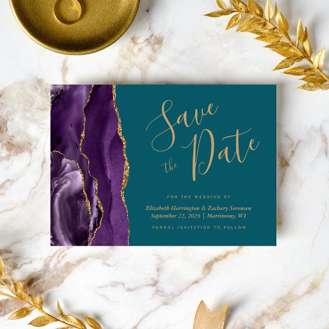 Moderne Lila Gold Agate Aquamarin Save the Date Ca (Von Creator hochgeladen)