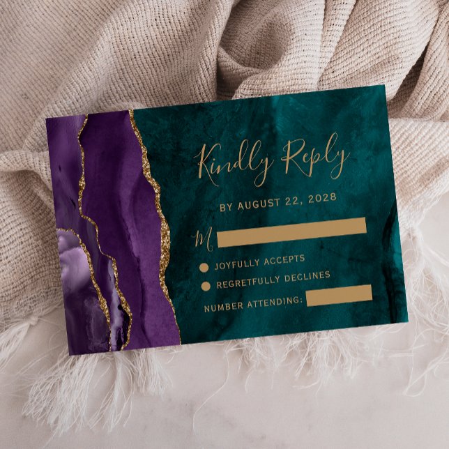 Moderne Lila Gold Agate Aquamarin Wedding RSVP Car Karte (Von Creator hochgeladen)