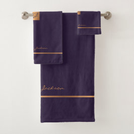 Moderne, lila goldene mit Monogramm Streifen Badhandtuch Set