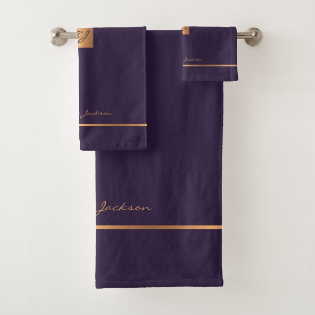Moderne, lila goldene mit Monogramm Streifen Badhandtuch Set (Insitu)