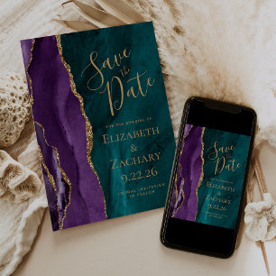 Moderne lila-goldene Türkis-Achat-Hochzeitseinladu Save The Date