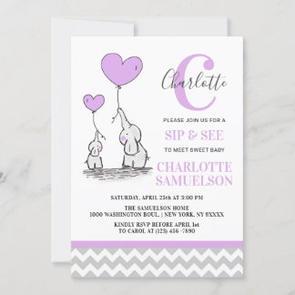 Moderne Lila Graue Elefant SIP & SEE Baby Girl Einladung