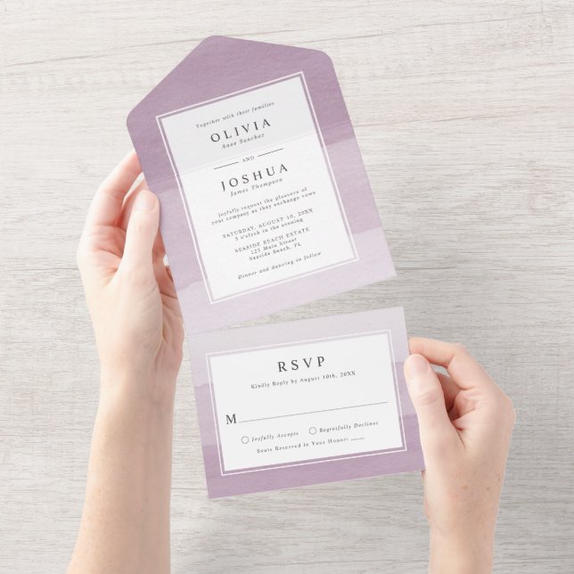 Moderne Lila Hochzeit All In One Einladung (Abreißen)