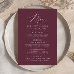 Moderne Lila Hochzeit Menükarte<br><div class="desc">Einfaches und elegantes Hochzeitsmenü mit "Menü", das in einem modernen, weißen Skript mit einem lila Hintergrund oder Farbe Ihrer Wahl angezeigt wird. Personalisieren Sie das lila Hochzeitsmenü, indem Sie Ihren Namen, das Hochzeitsdatum und die Menüinformationen hinzufügen. Entworfen, um mit unserer Hochzeitskollektion "Moderne Elegance" zu koordinieren.</div>