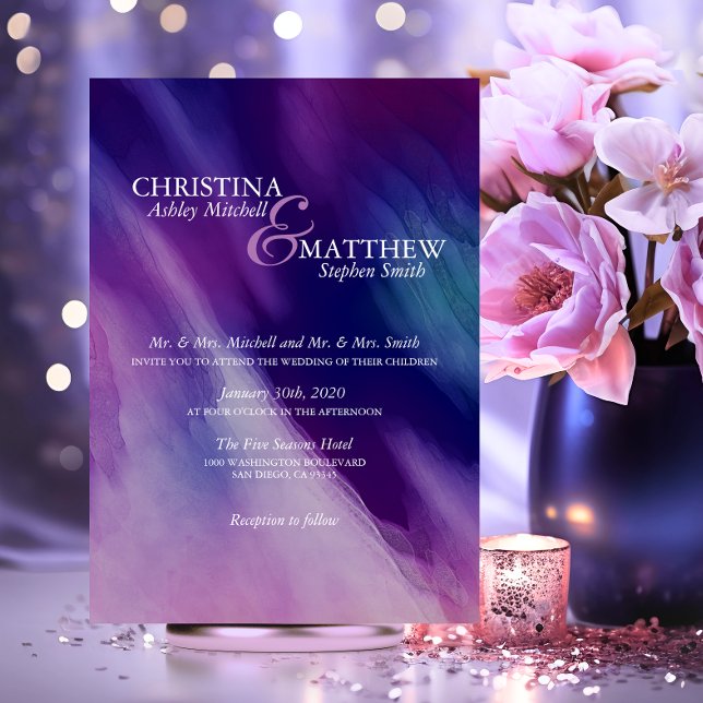 Moderne Lila Hochzeit mit Wasserfarbe Einladung (Modern Watercolor Purple Navy Blue Wedding Invitation)