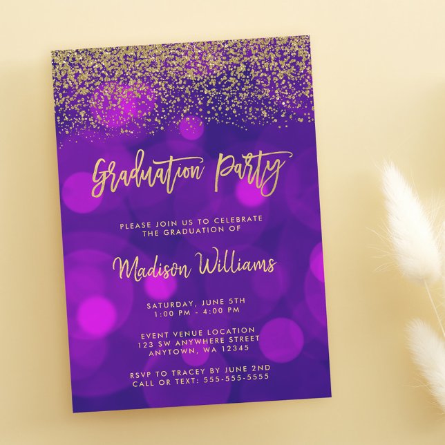 Moderne Lila Imitate Gold Glitzer Graduation Party Einladung (Von Creator hochgeladen)