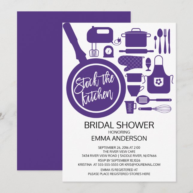 Moderne Lila Küche Bridal Dusche Einladung (Vorne/Hinten)