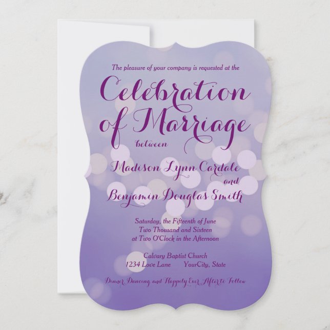 Moderne Lila Lilac Bokeh Dots Hochzeiten Einladung (Vorderseite)