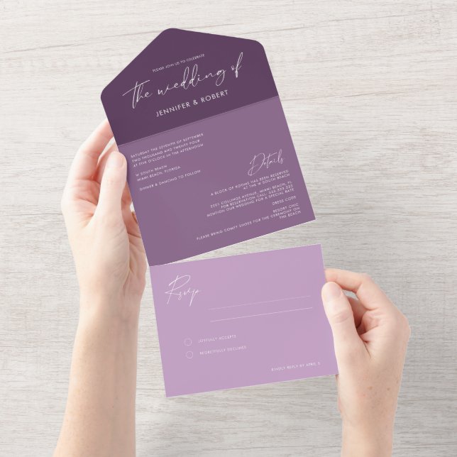 Moderne Lila Pflaumenhochzeit All In One Einladung (Abreißen)