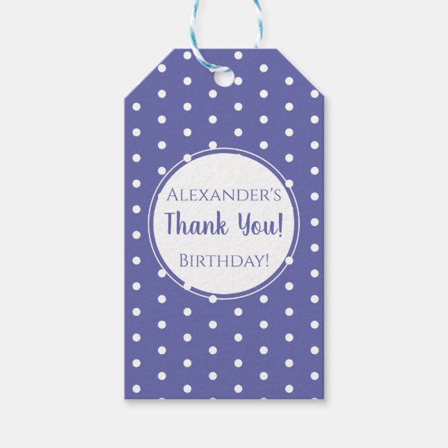 Moderne Lila Polka Dot Name Birthday Party Gefalle Geschenkanhänger (Vorderseite)