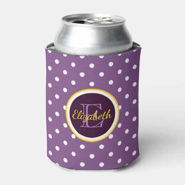 Moderne Lila Polka Dots mit Name Monogram Dosenkühler (Kanne Vorderseite)