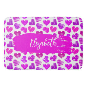 Moderne Lila rosa Doodled Hearts Valentine Name Badematte