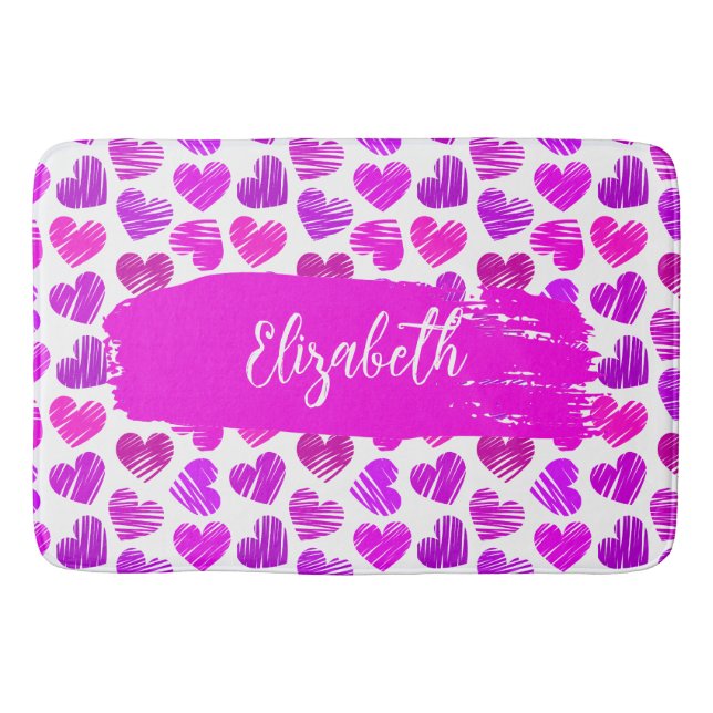 Moderne Lila rosa Doodled Hearts Valentine Name Badematte (Vorderseite)