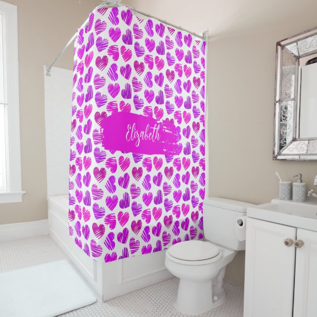 Moderne Lila rosa Doodled Hearts Valentine Name Duschvorhang (Beispiel)