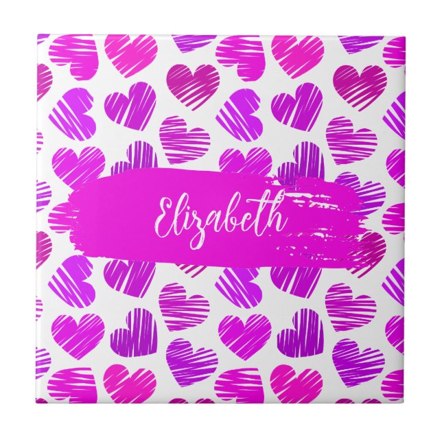 Moderne Lila rosa Doodled Hearts Valentine Name Fliese (Vorderseite)