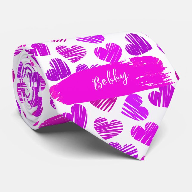 Moderne Lila rosa Doodled Hearts Valentine Name Krawatte (Gerollt)
