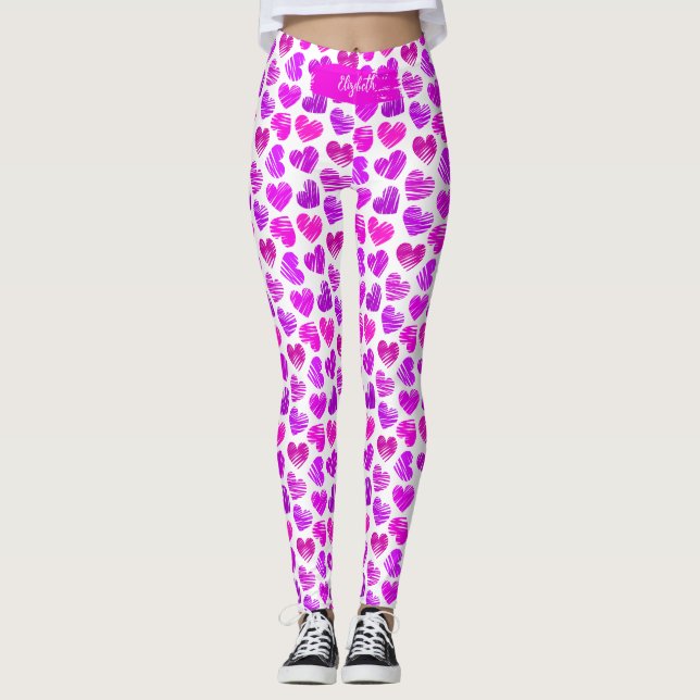 Moderne Lila rosa Doodled Hearts Valentine Name Leggings (Vorderseite)