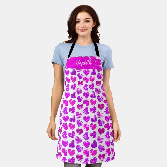 Moderne Lila rosa Doodled Hearts Valentine Name Schürze (Getragen)