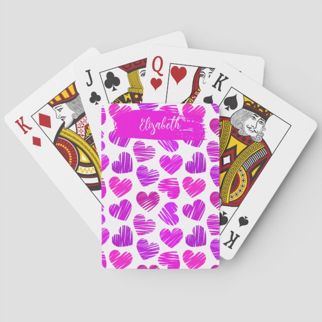 Moderne Lila rosa Doodled Hearts Valentine Name Spielkarten (Rückseite)