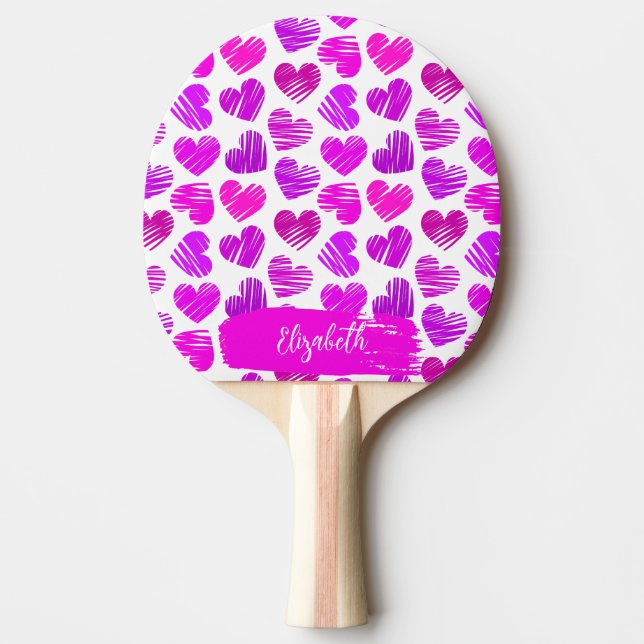 Moderne Lila rosa Doodled Hearts Valentine Name Tischtennis Schläger (Vorderseite)