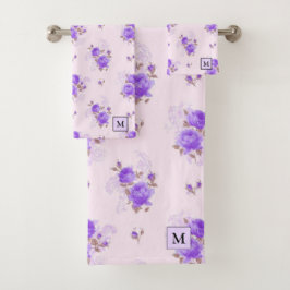 Moderne Lila Rose mit Blumen Badhandtuch Set