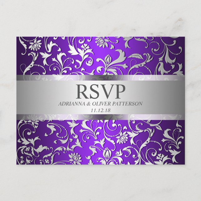 Moderne Lila Silberblumen-Hochzeit RSVP Einladungspostkarte (Vorderseite)