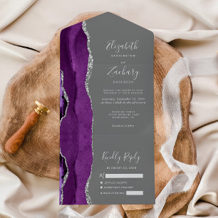 Moderne lila silberne Achatgraue Hochzeit All In One Einladung