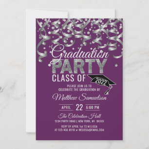 Moderne Lila Silver Glitzer GRADUATION Party Invi Einladung