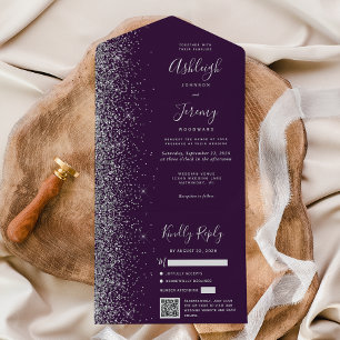 Moderne Lila Silver Glitzer QR Code Hochzeit All In One Einladung
