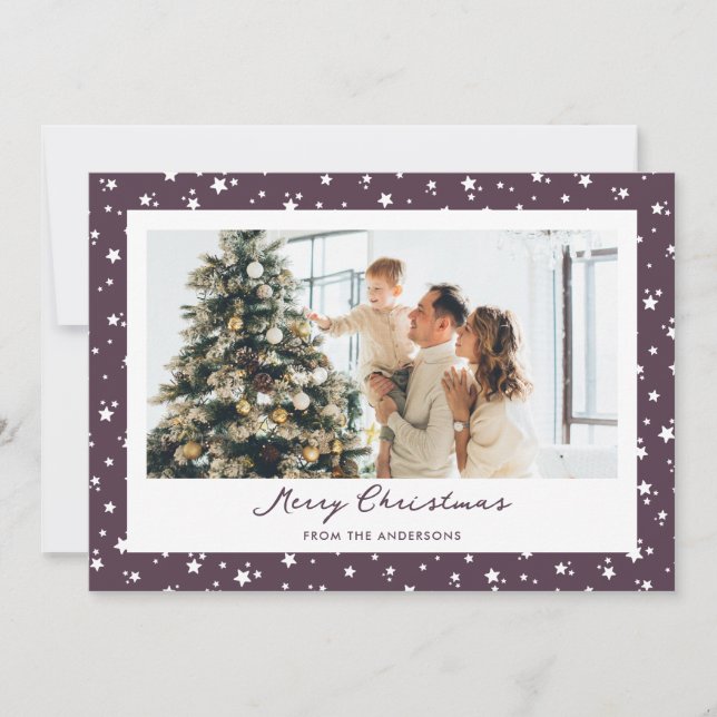 Moderne Lila Stars Foto Frohe Weihnachten (Vorderseite)