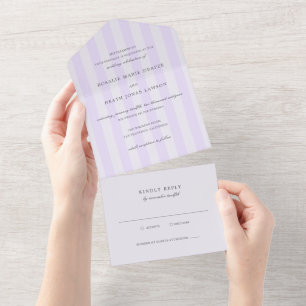 Moderne lila Streifen Elegante Hochzeit All In One Einladung