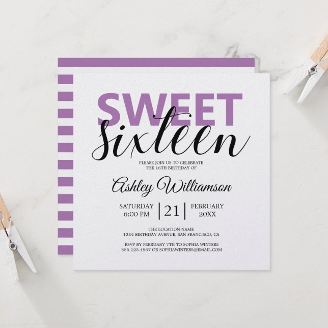 Moderne Lila Streifen Sweet 16 Einladung (Vorderseite/Rückseite Beispiel)