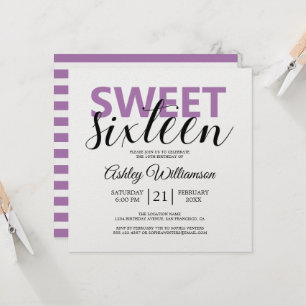 Moderne Lila Streifen Sweet 16 Einladung