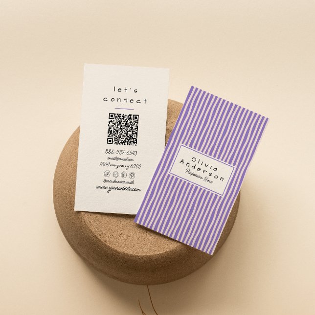 Moderne Lila Stripes Trendy QR Code Visitenkarte (Von Creator hochgeladen)