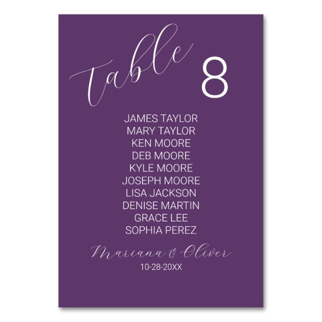 Moderne Lila Tischnummer-Karte mit Namen Tischnummer (Vorderseite)