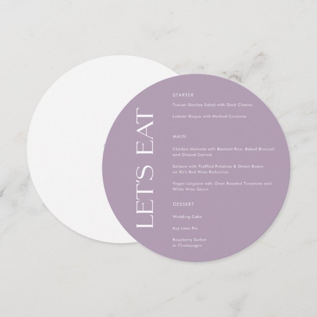 Moderne Lila Typografie Essen wir Hochzeitmenü Menükarte (Vorne/Hinten)