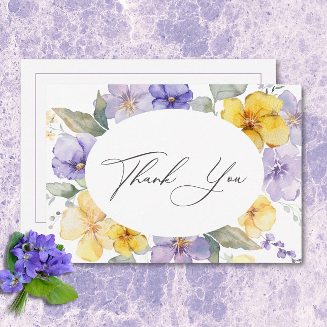 Moderne Lila und gelbe Violetten Blumenzehen Dankeskarte (Modern Purple & Yellow Violets Floral Wedding Thank You Card)
