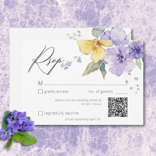 Moderne Lila und gelbe Violetten Blumenzwiebeln QR RSVP Karte