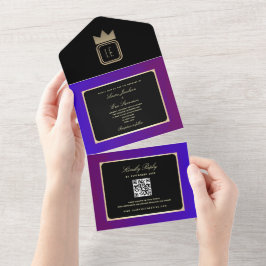 Moderne Lila und Gold Monogram Hochzeit All In One Einladung
