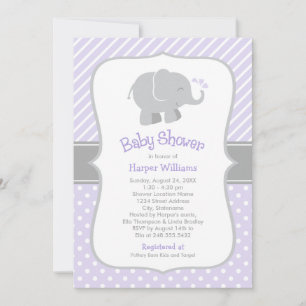 Moderne Lila und graue Elephant Girl Baby Dusche Einladung